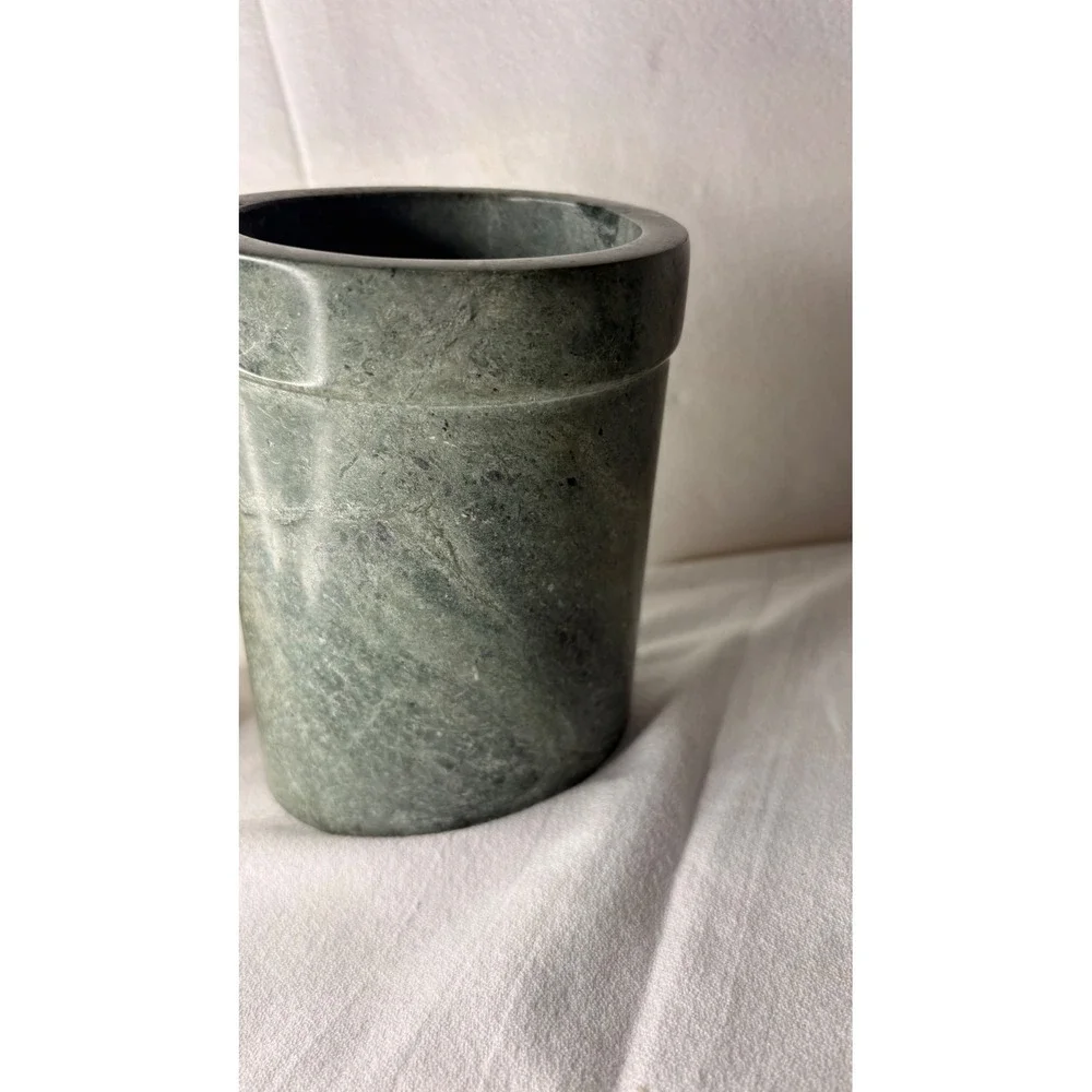 Bamboo Slanted Brush Holder and Green Stone Marble Cylinder Desk Organizer Set